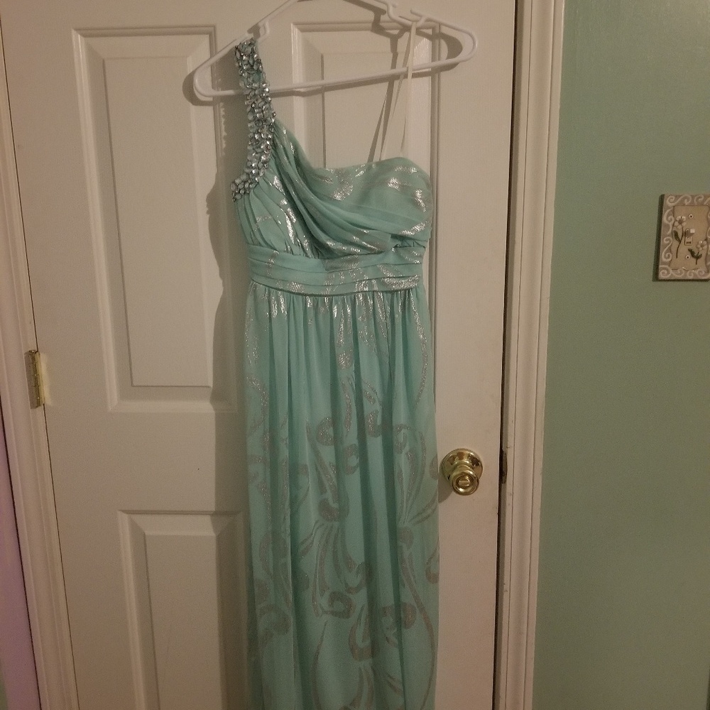 Mint green dress with silver design one sholder